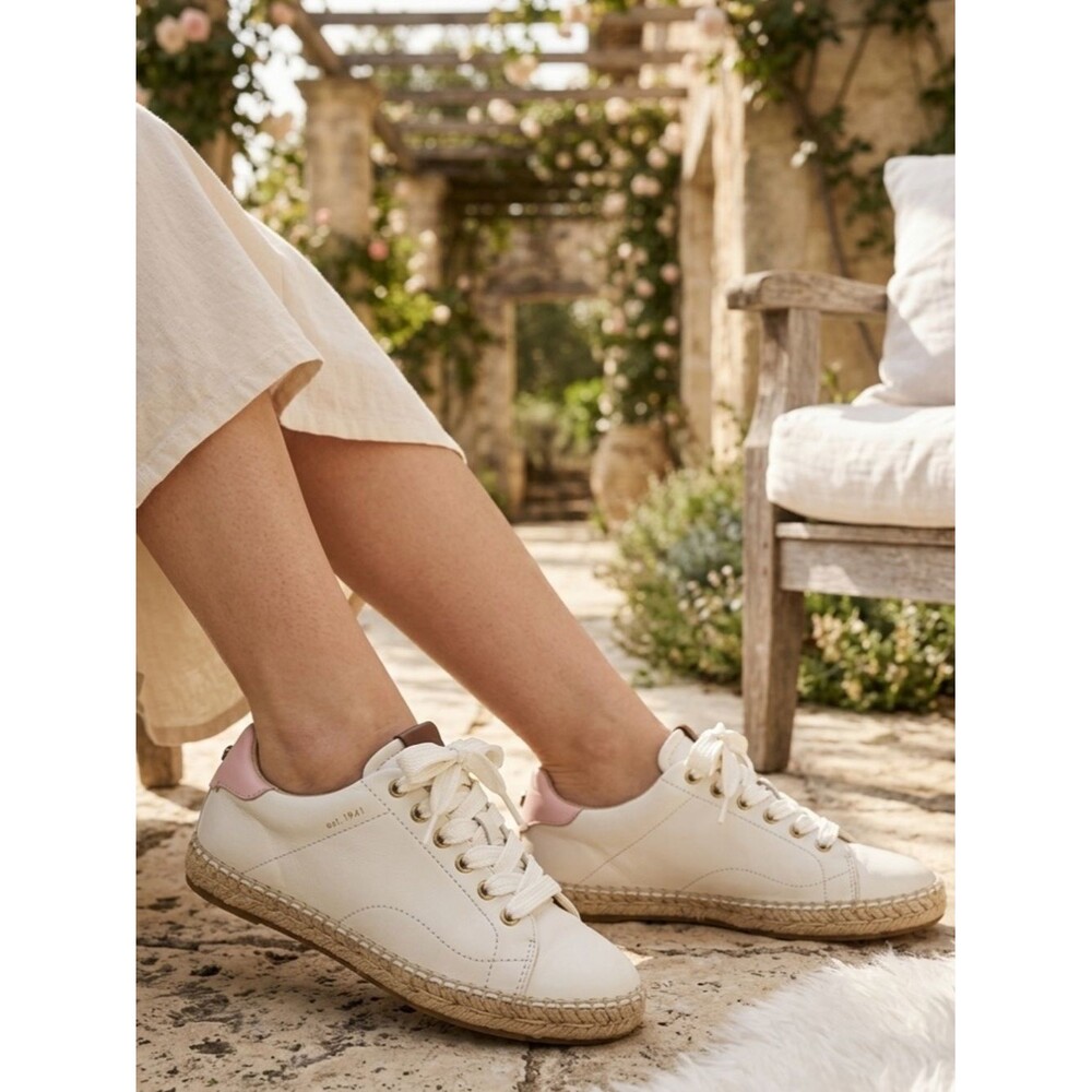 Coach C101 Espadrille Sneakers Womens Sz 8 White Pink Leather Comfort Casual